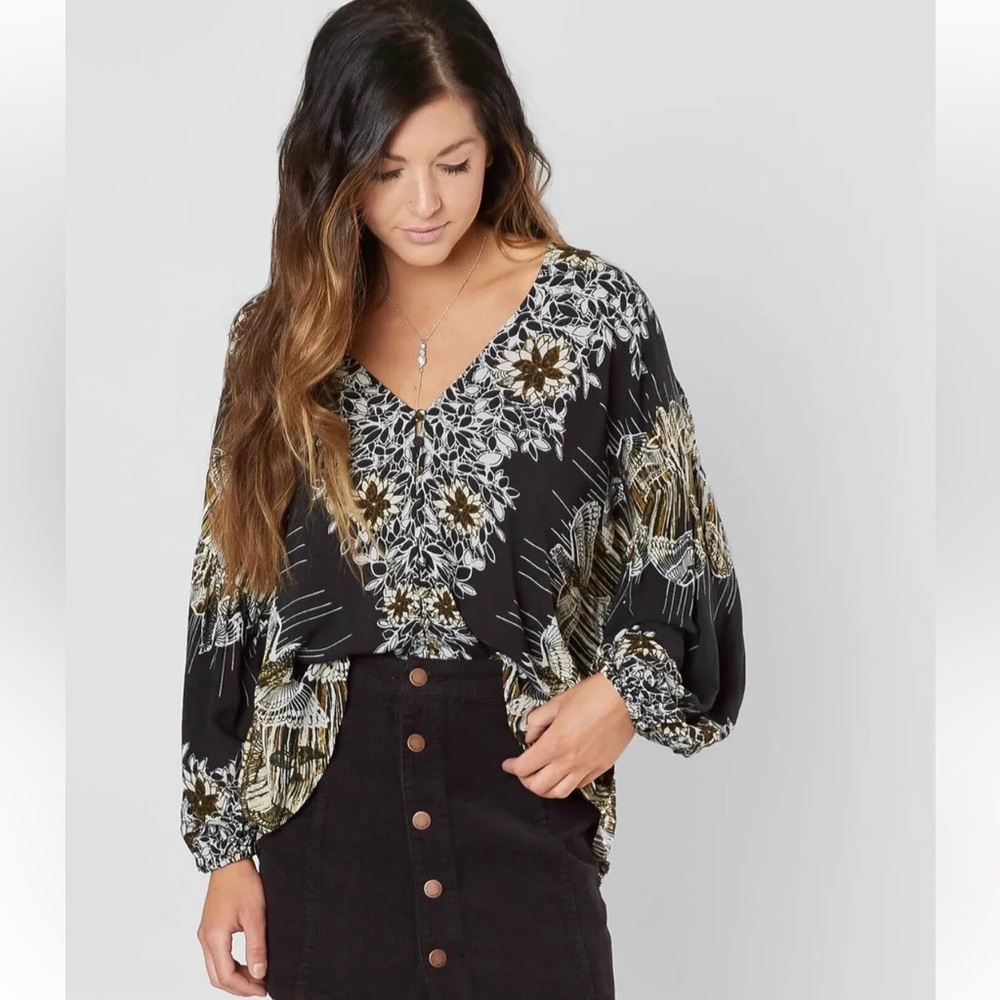 FP Free People Birds Of A Feather Combo Balloon Sleeve Button Front Top XS